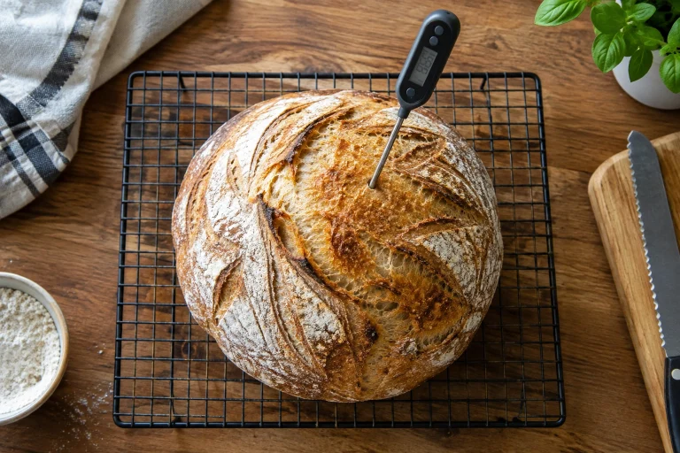 Instant-read thermometer inserted into the center of a loaf of bread