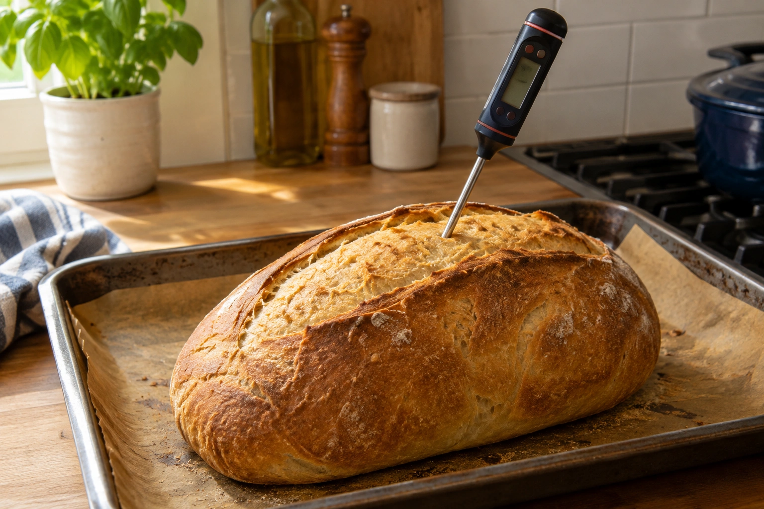 Instant-read thermometer inserted into the center of a loaf of bread