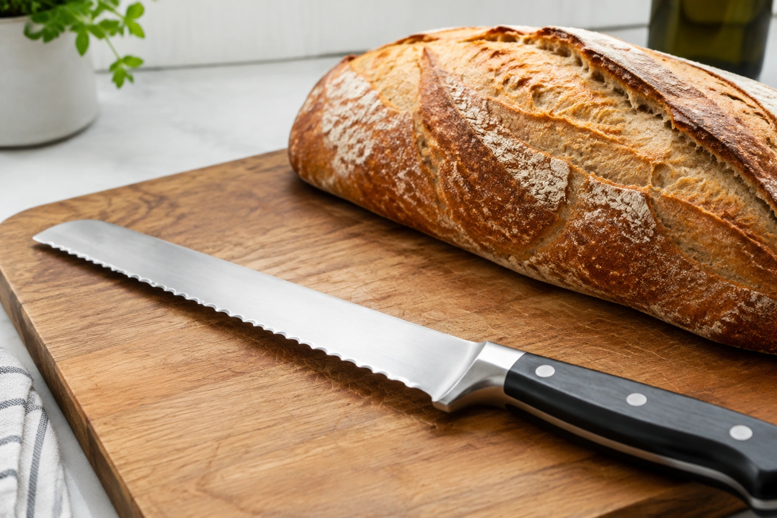 Serrated bread knife beside a loaf on a cutting board