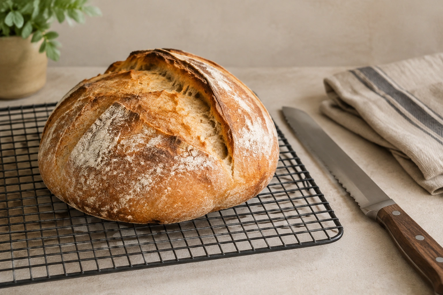 Rustic loaf of bread on a cooling rack with a bread knife and linen cloth, no people.