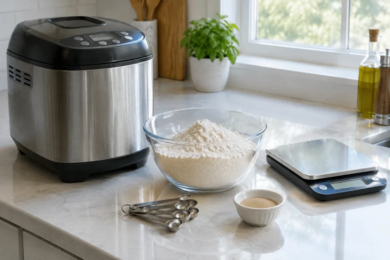 Bread machine with flour, yeast, and measuring tools on a kitchen counter