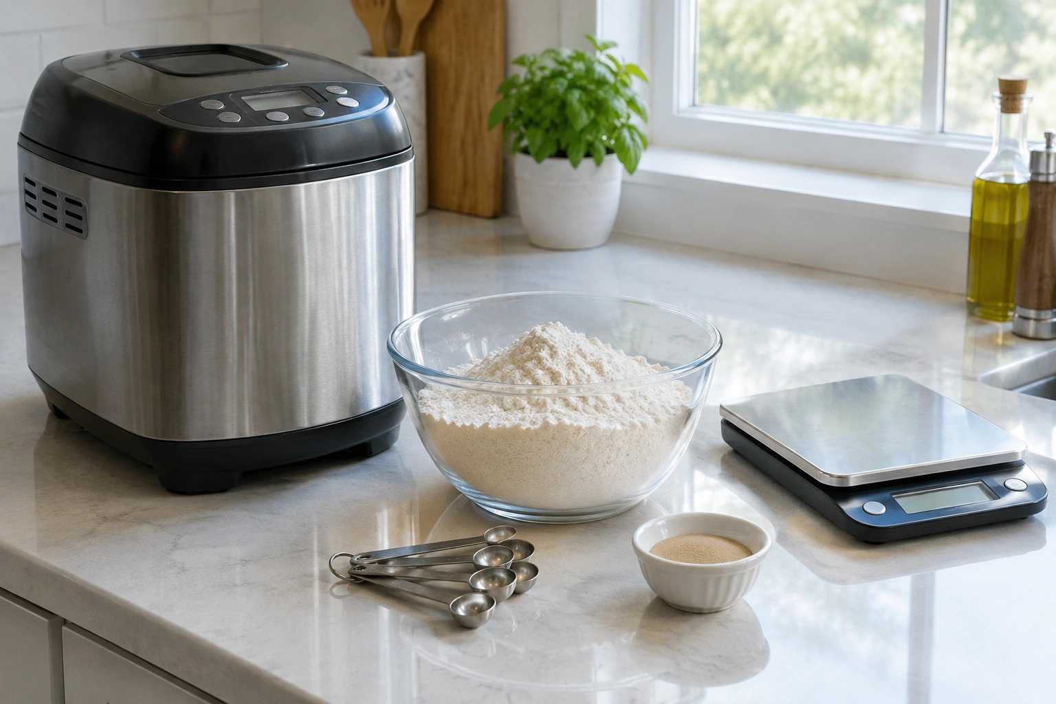 Bread machine with flour, yeast, and measuring tools on a kitchen counter