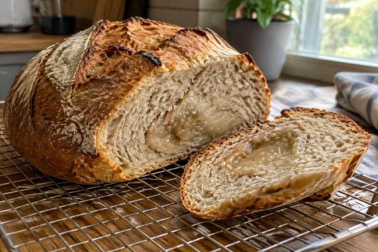 Close-up of a browned loaf of bread on a cooling rack with a slice showing a pale, slightly underdone center