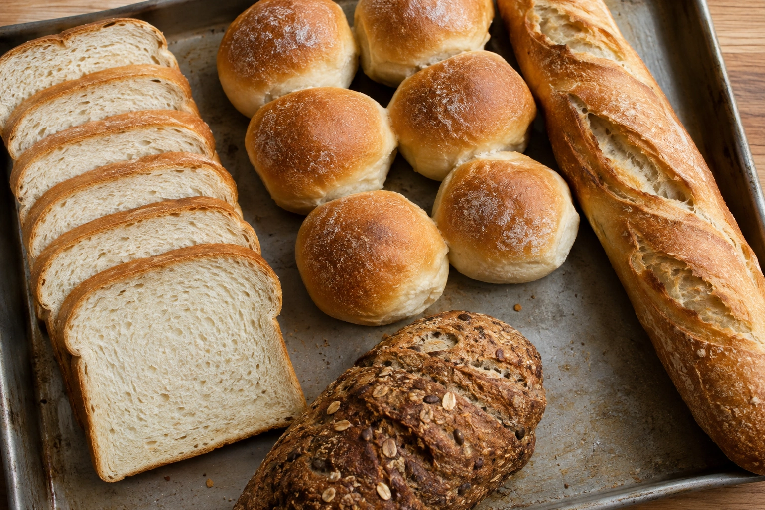 Assorted bread types including rolls, baguette, and sliced loaf on a baking tray