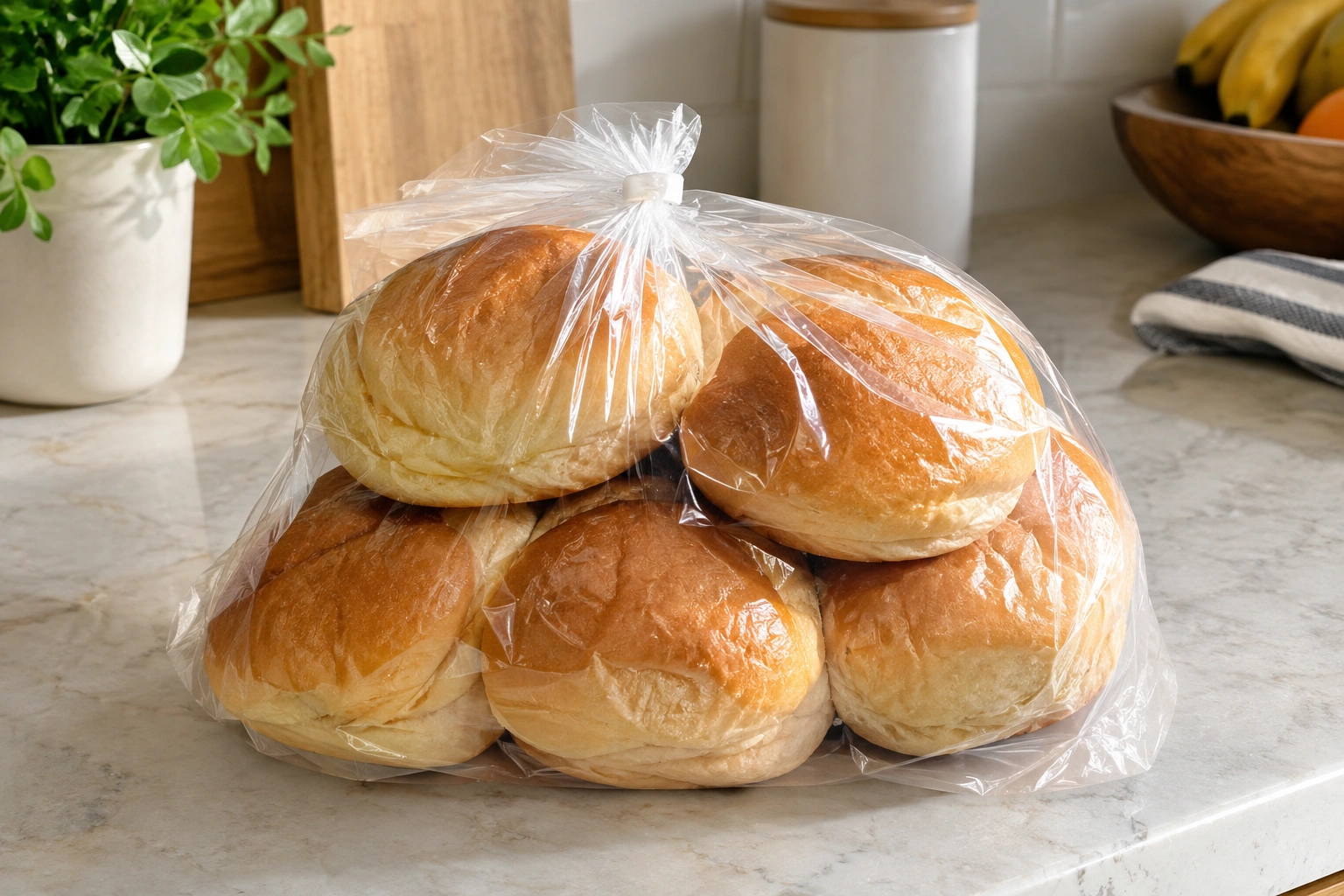 Bread rolls stored in a sealed bag on a counter