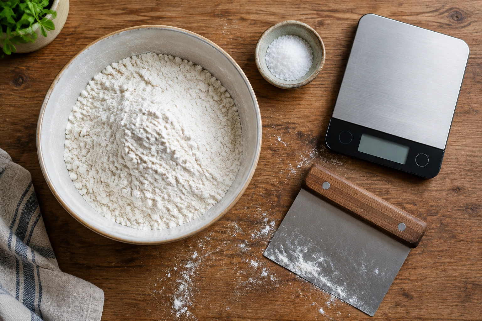 Flat lay of bread dough ingredients with a digital scale and salt bowl