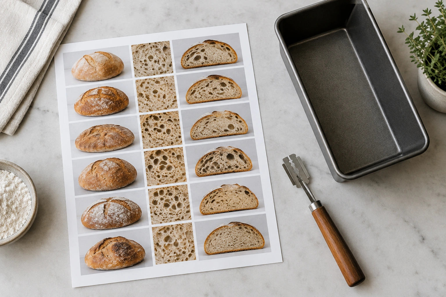 Bread troubleshooting chart showing different side split patterns and likely causes