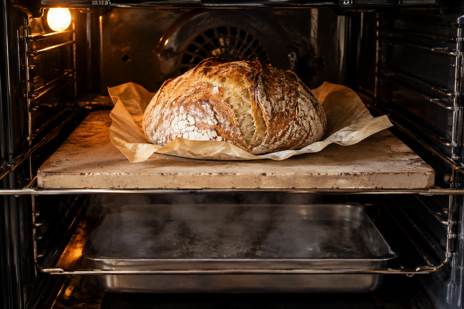 Artisan loaf baking on a hot stone in a home oven