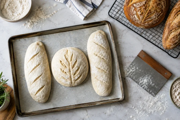 Parchment-lined baking sheet with shaped bread dough and baking tools