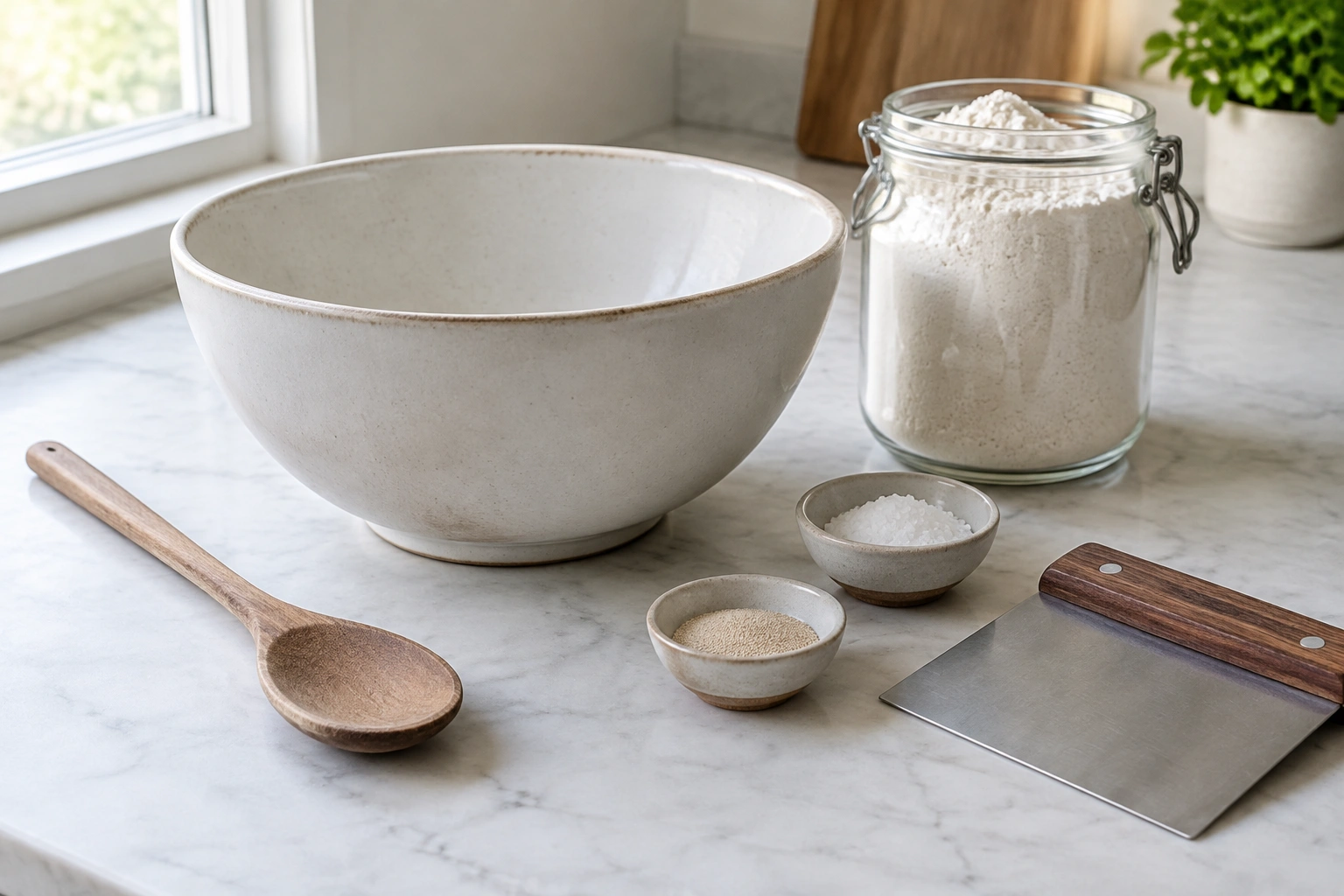 Mixing bowl, spoon, and bench scraper for hand mixing bread dough