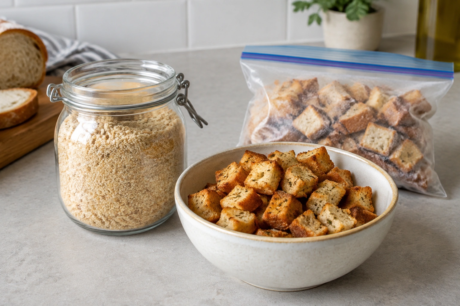 Glass jar of breadcrumbs and bowl of croutons on a counter