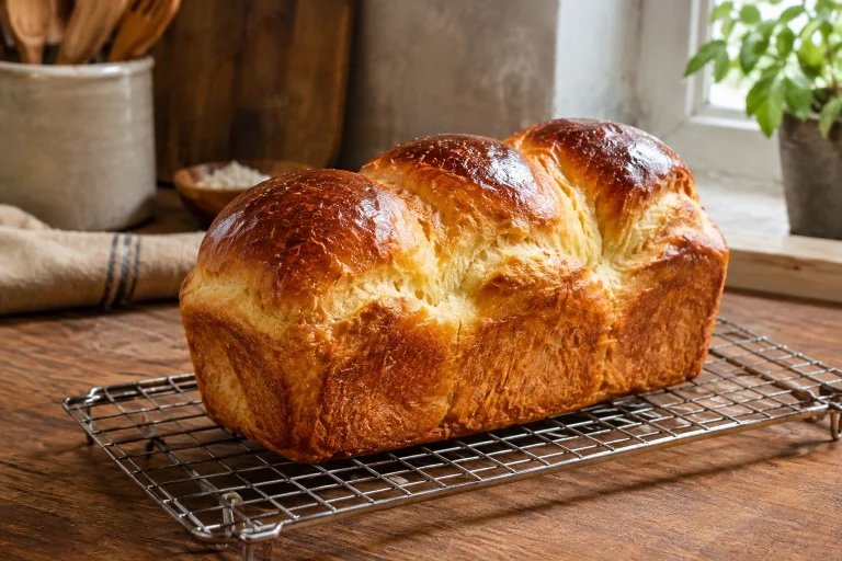 Golden brioche loaf on a cooling rack