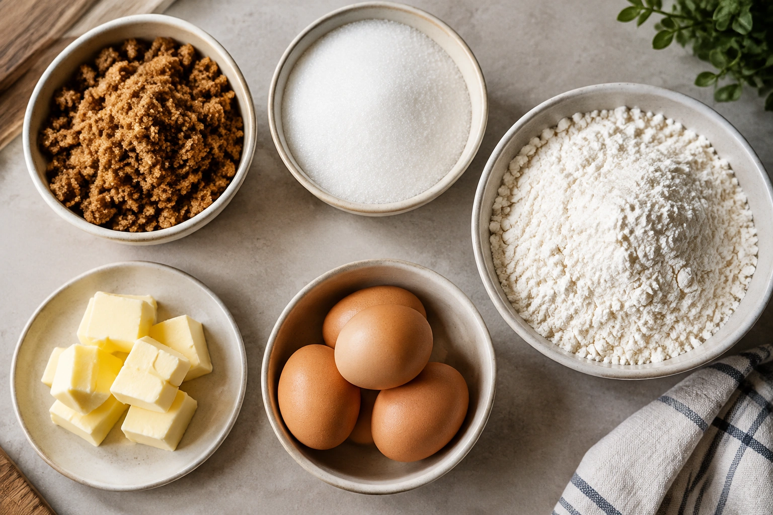 Flat lay of brown sugar, white sugar, flour, butter, and eggs on a kitchen counter