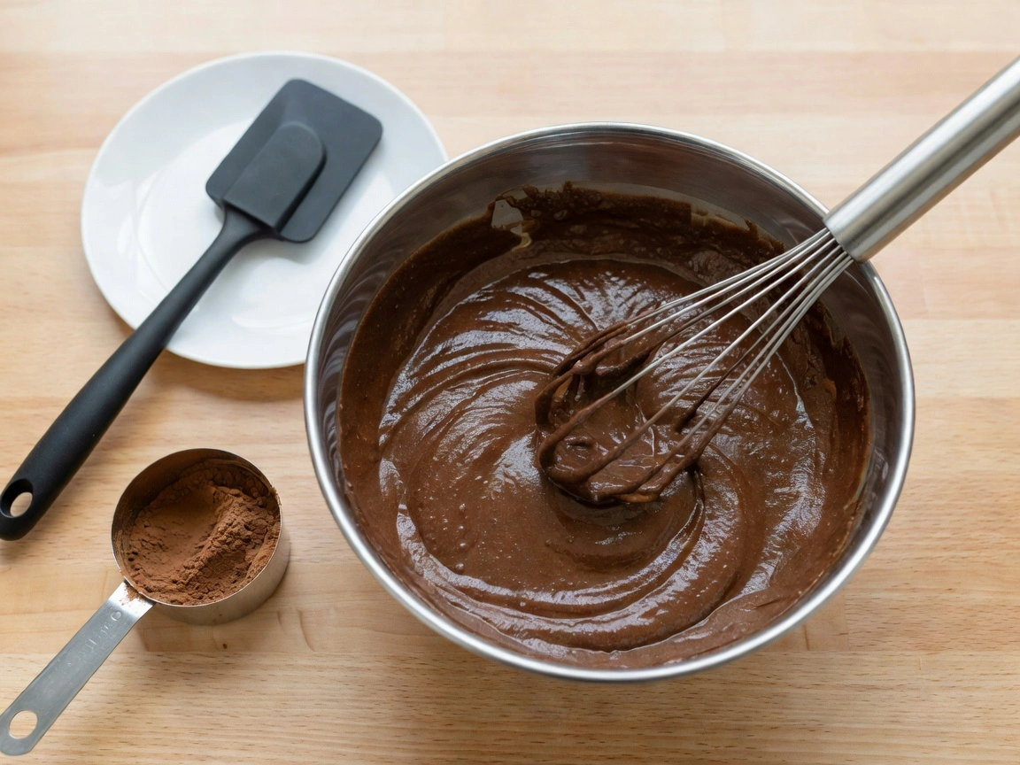 Bowl of brownie batter being whisked smooth for a shiny top