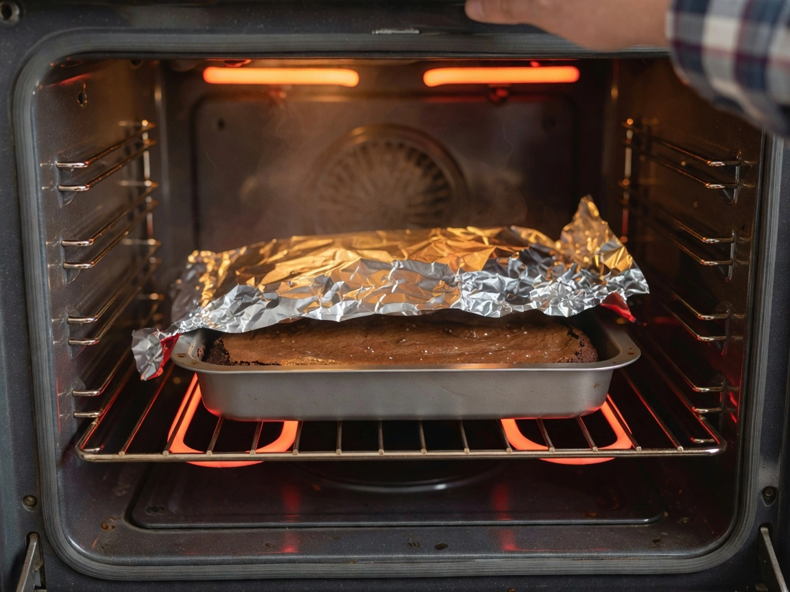 Baking pan of brownies loosely covered with foil in an oven