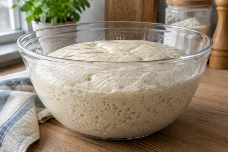 Bread dough with visible fermentation bubbles in a clear bowl
