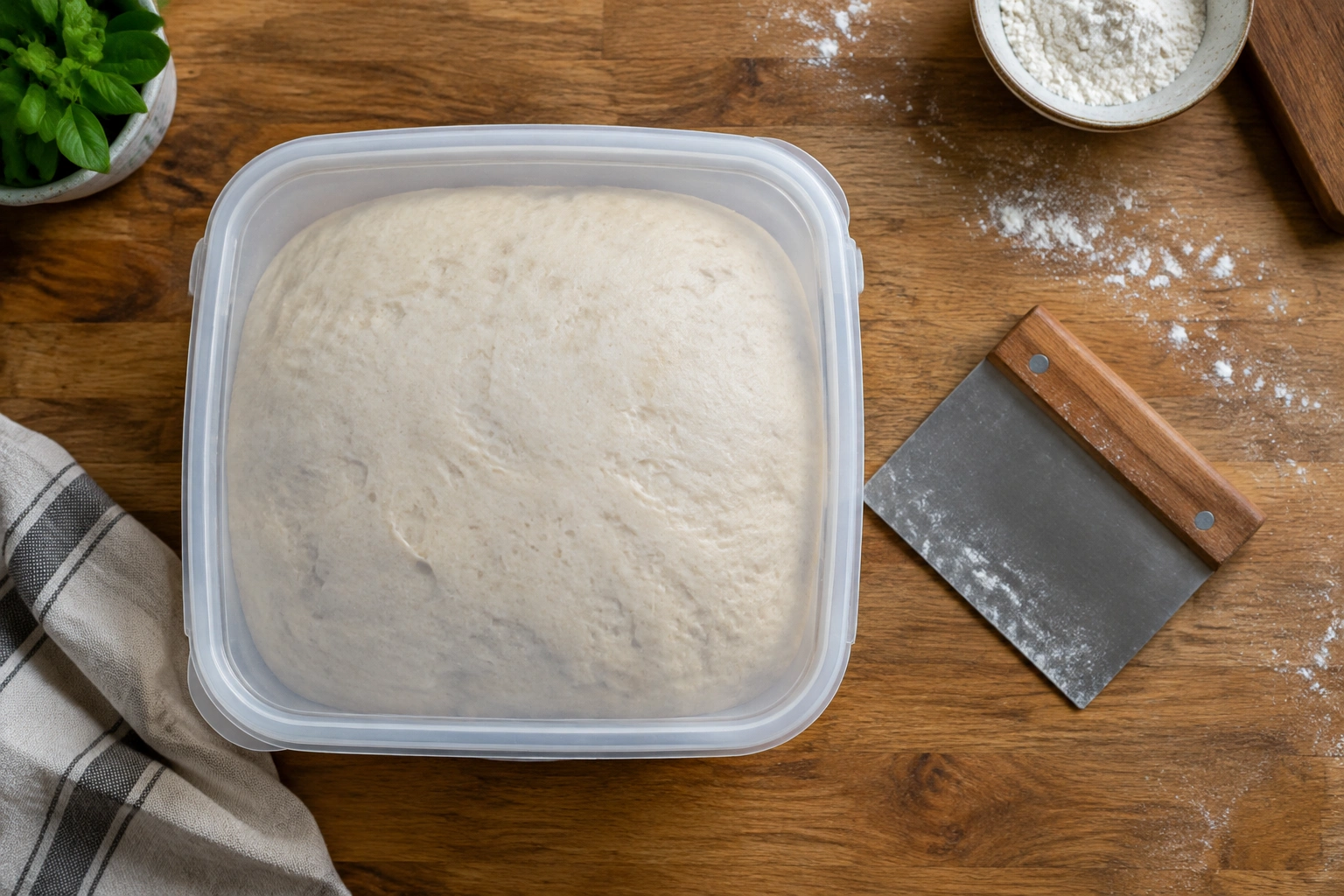 Bread dough tub with a scraper beside it on a counter