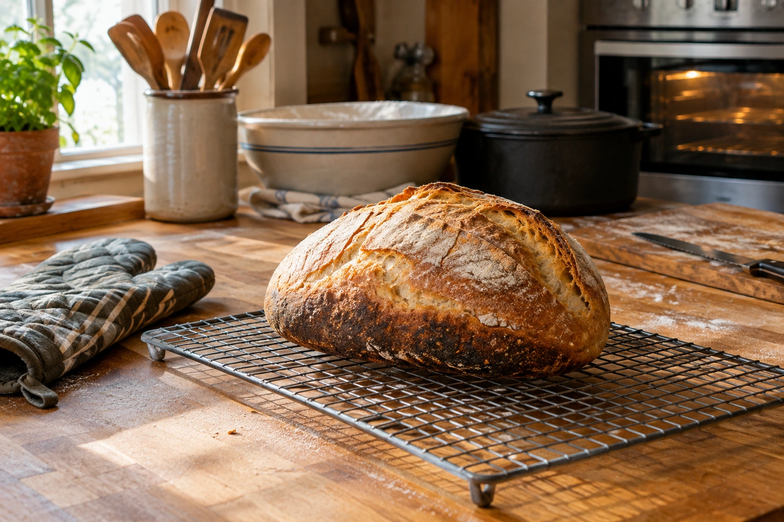 Bread loaf with a dark burnt bottom on a cooling rack
