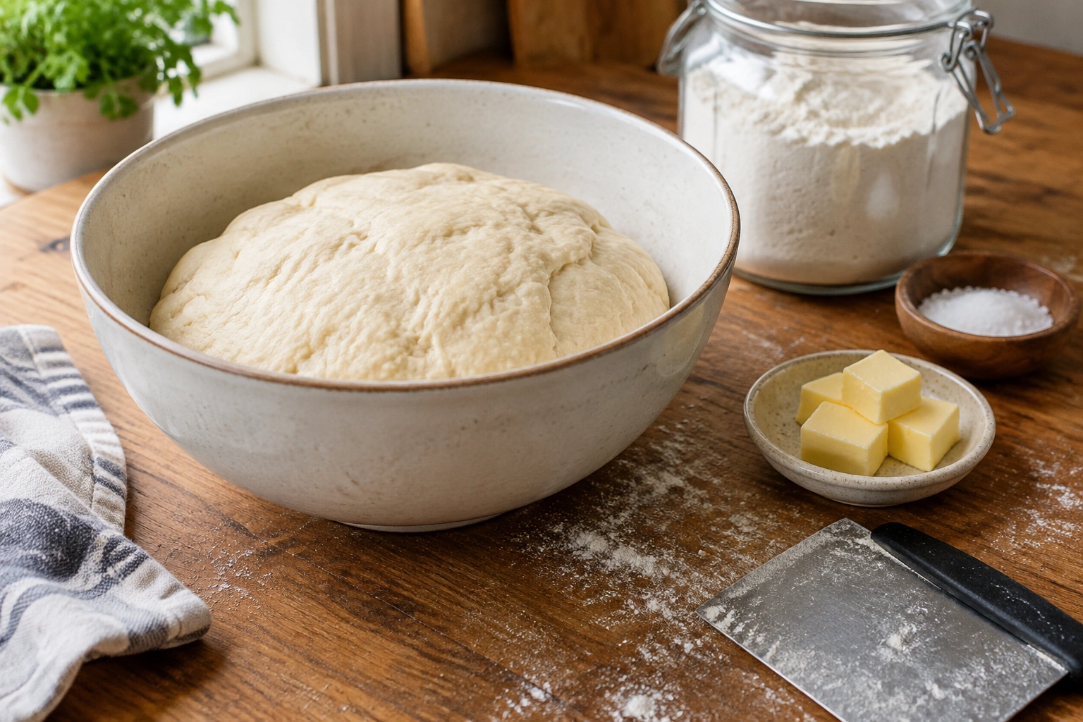 Bowl of enriched bread dough with butter and flour nearby