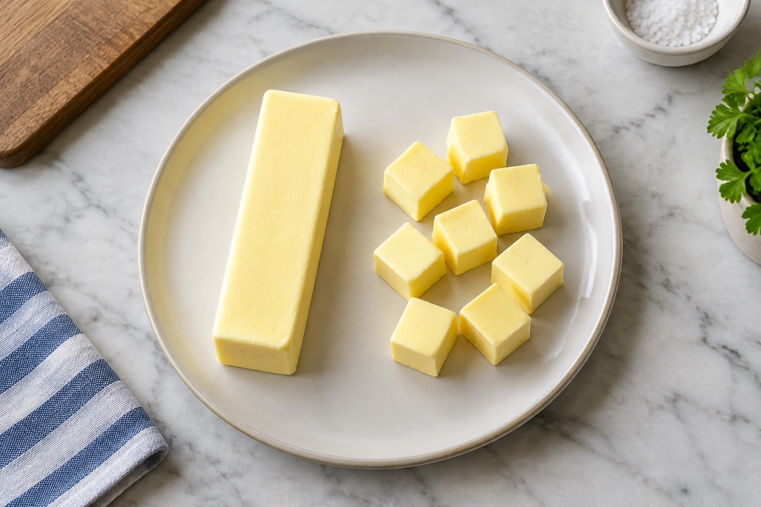 Butter cut into cubes beside a whole stick on a countertop
