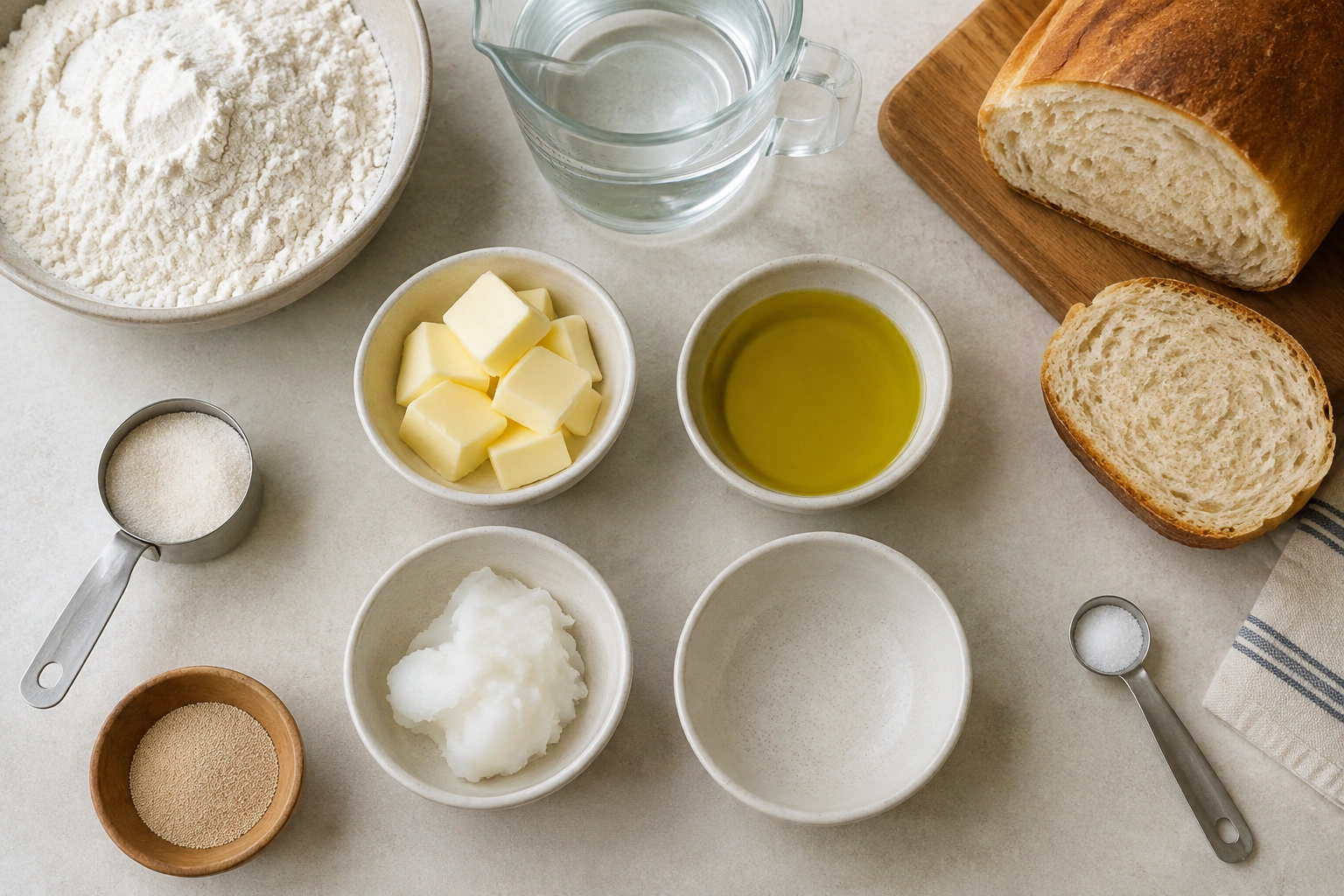 Four small bowls labeled for butter, oil, shortening, and no added fat beside bread ingredients