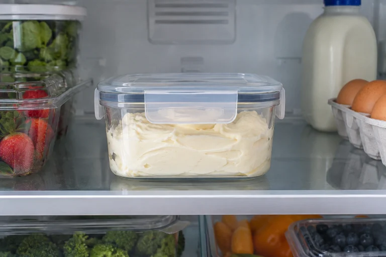 Airtight container of buttercream frosting stored in a refrigerator