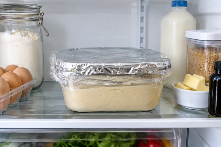 Airtight container of cake batter covered for refrigerator storage