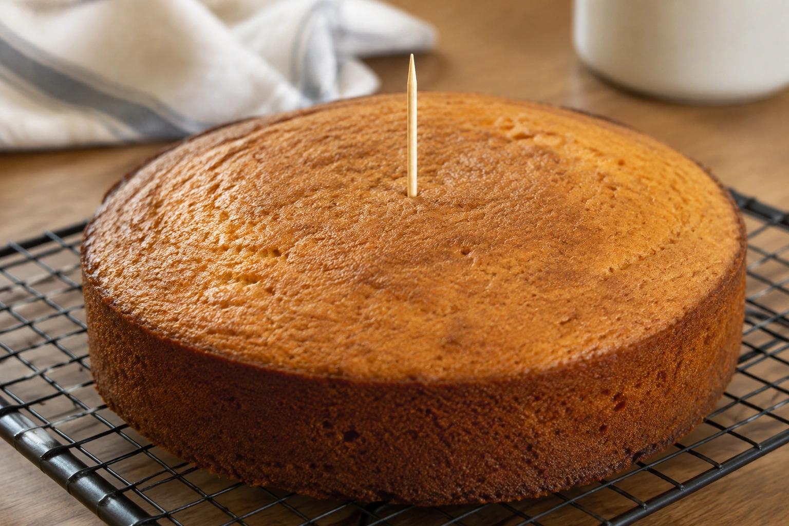 A baked round cake layer being tested with a toothpick
