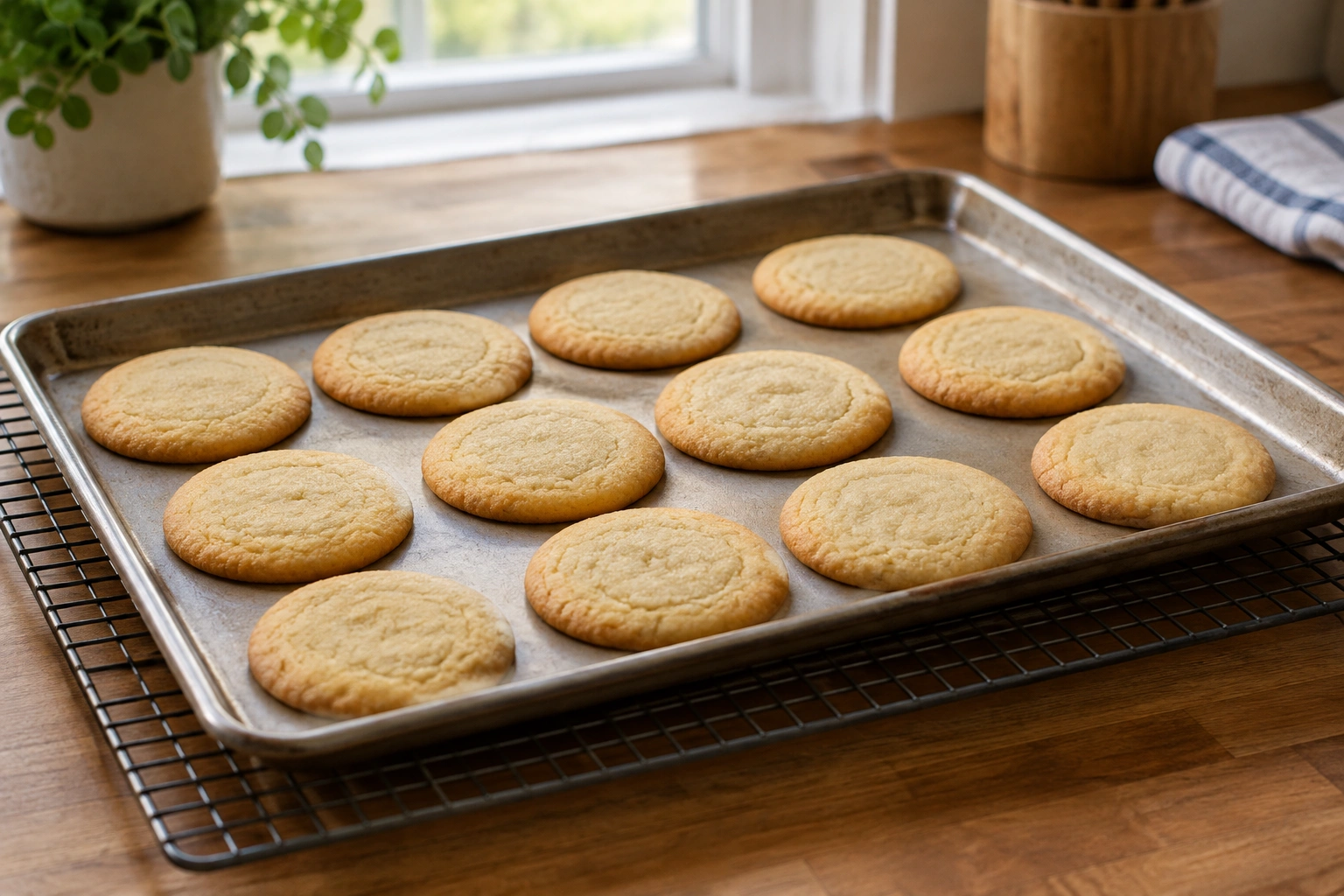 Evenly browned sugar cookies cooling on a wire rack after a calibration test bake