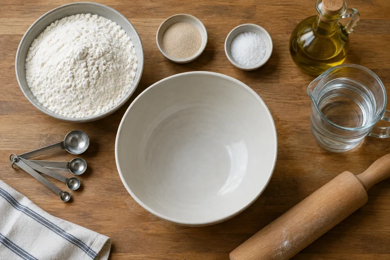 Bowl of flour, yeast, salt, olive oil, and measuring tools for calzone dough