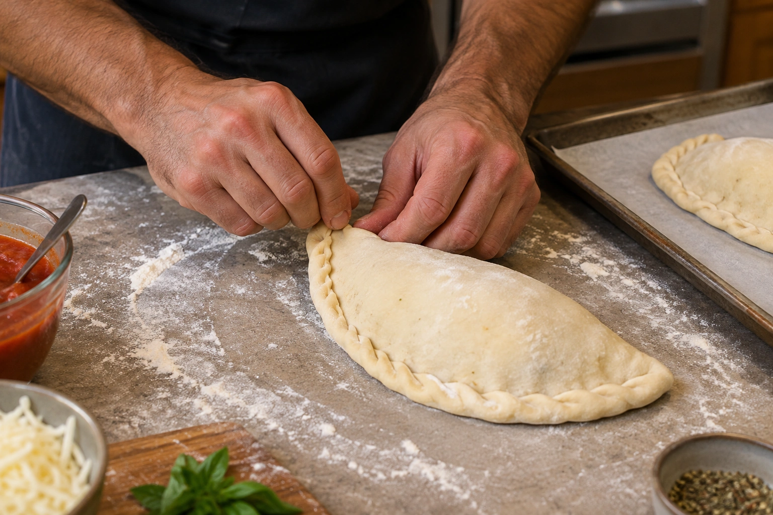 Two hands shaping and sealing calzone dough on a floured surface