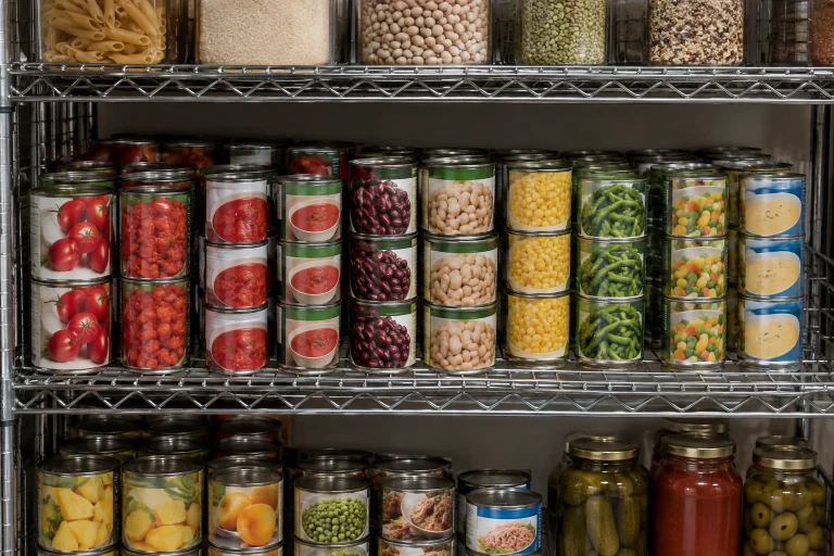 Pantry shelf with neatly organized canned goods in a metal storage rack