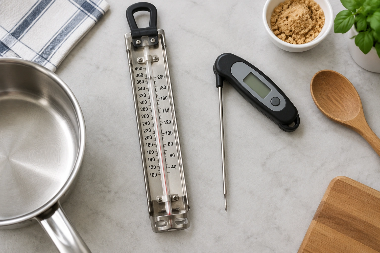 Side-by-side kitchen thermometers for candy and meat cooking tasks