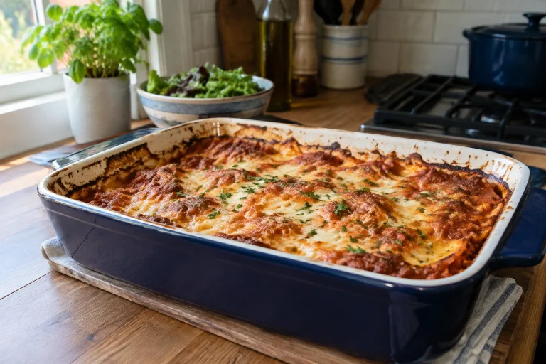 A deep oven-safe casserole dish filled with a baked family meal