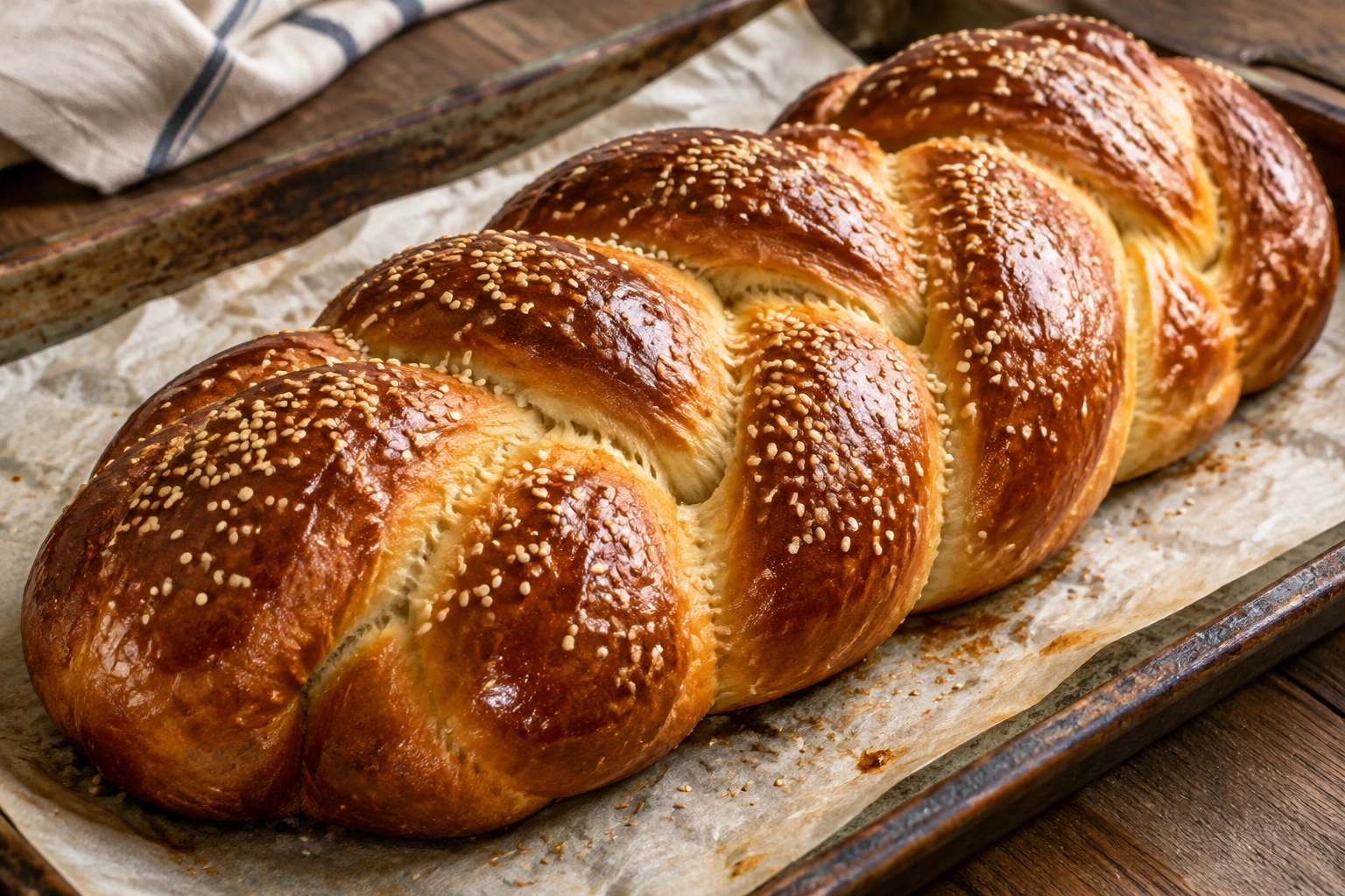 Glossy braided challah loaf on parchment paper