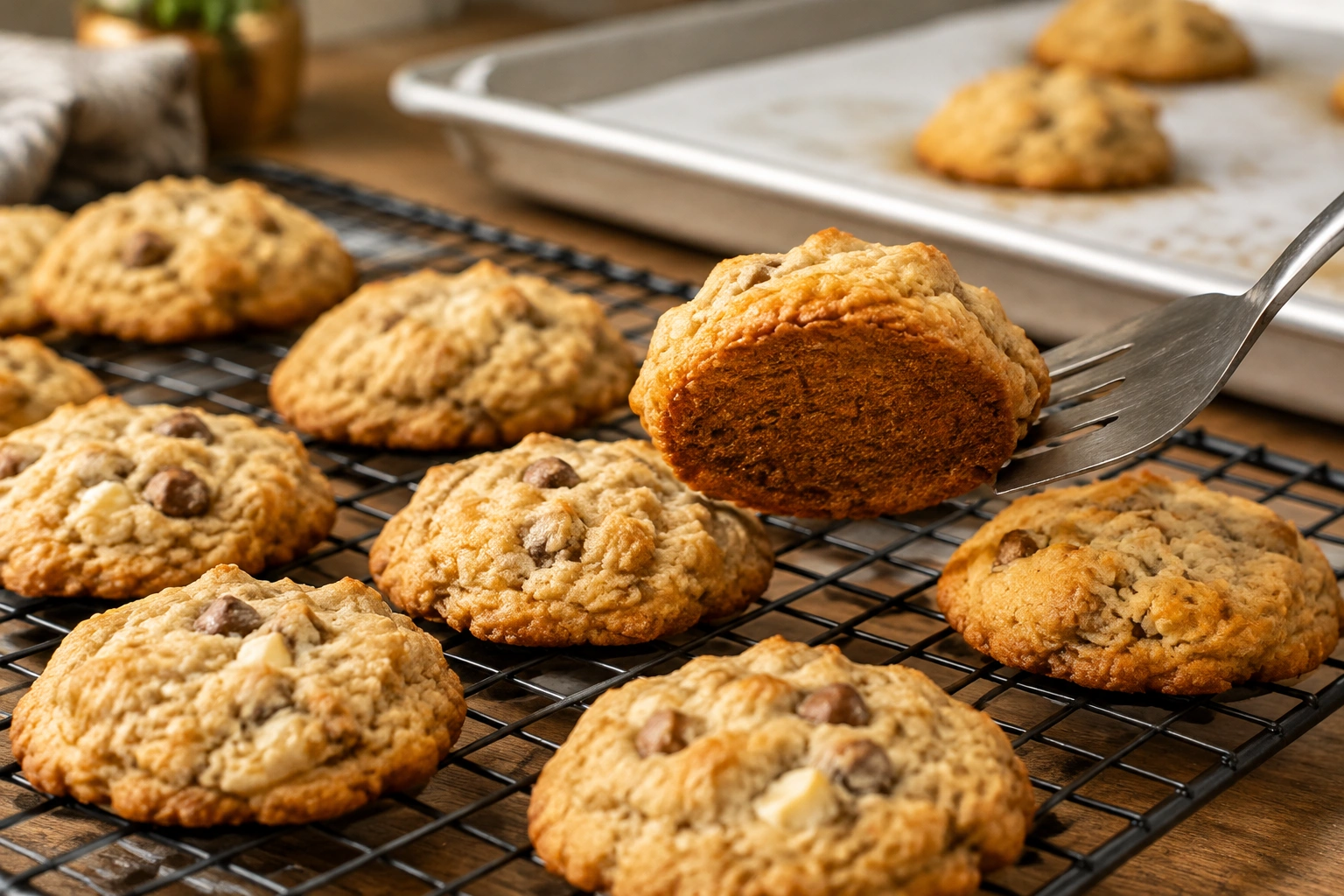 Baked cookies cooling on a wire rack with a spatula lifting one cookie to show its golden underside