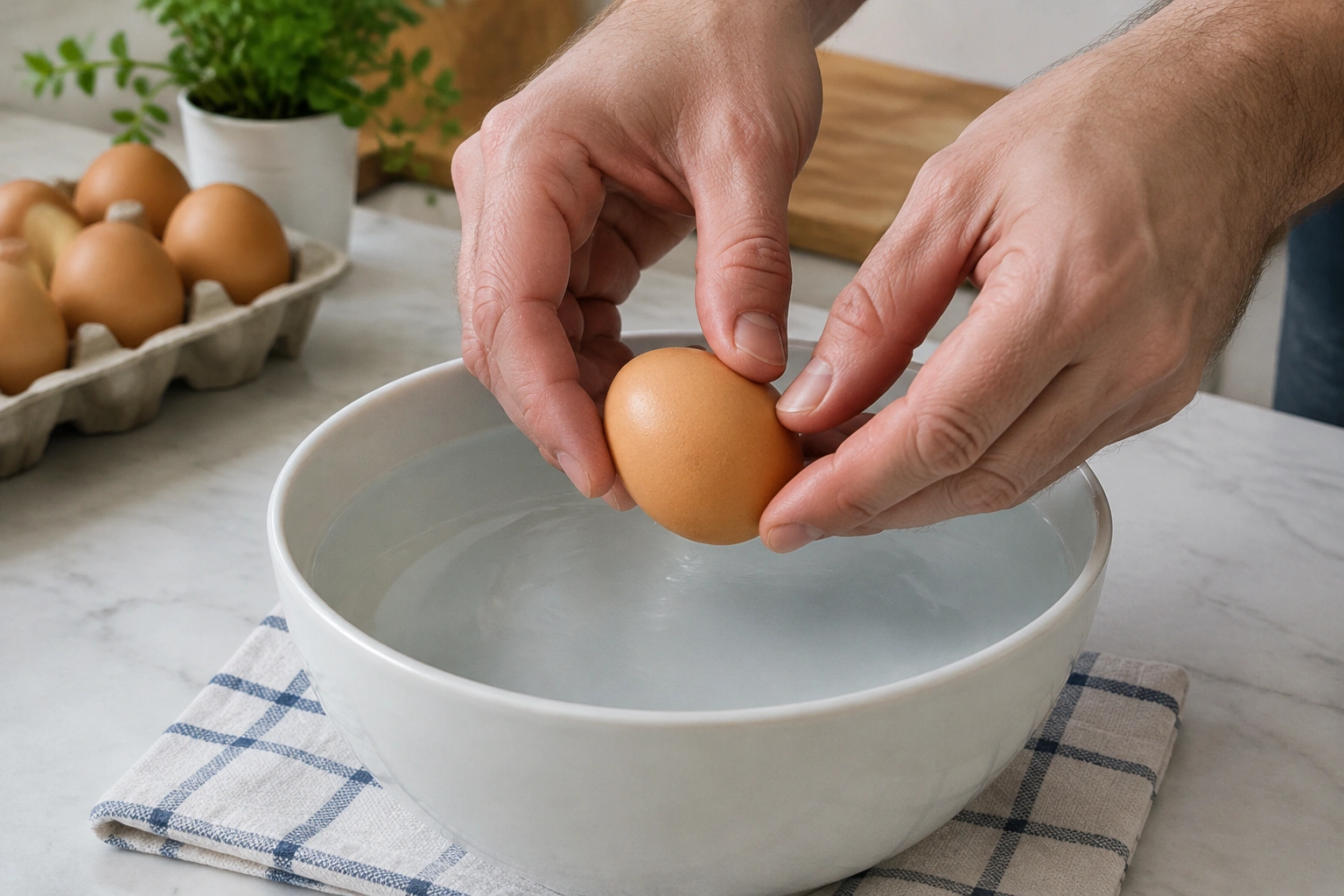 Close-up of hands holding an egg above a bowl of warm water