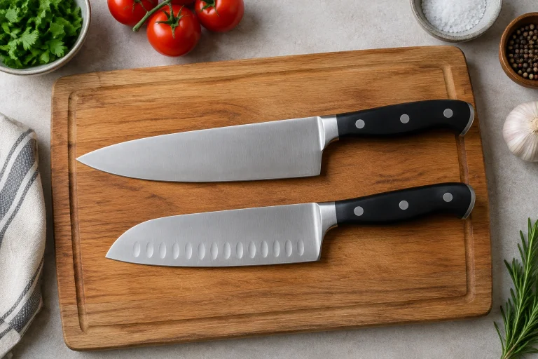 Two kitchen knives on a cutting board for comparison