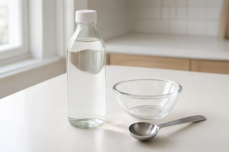 Simple kitchen still life showing a bottle of vinegar and a small bowl