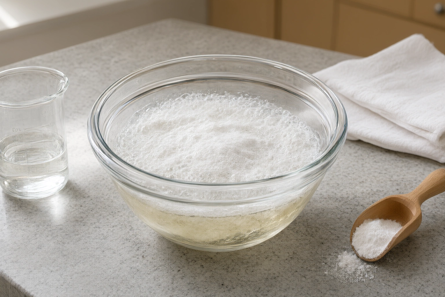Open bowl showing vinegar and baking soda fizzing in a controlled experiment