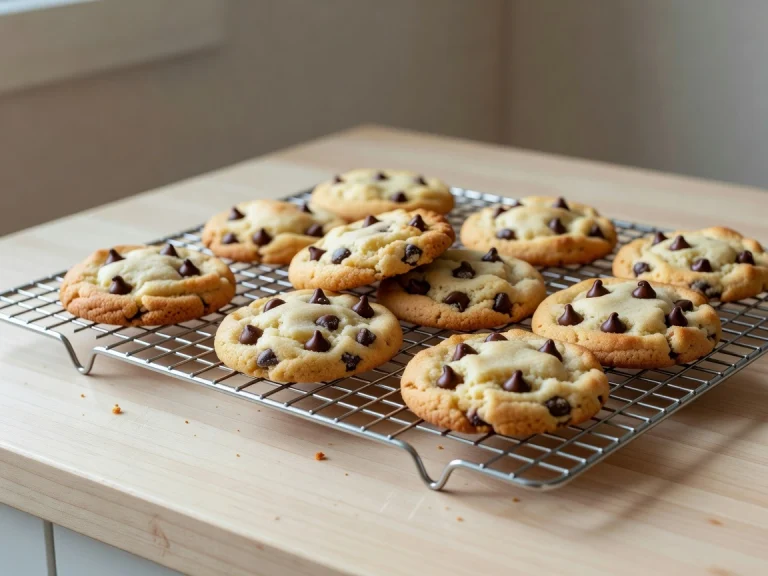 A tray of chewy chocolate chip cookies cooling on a rack