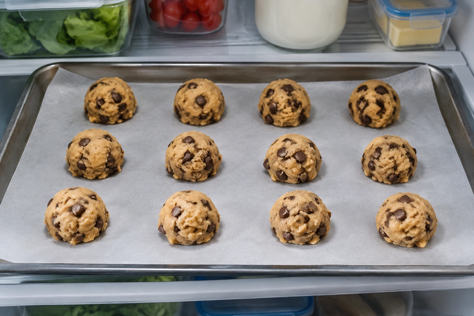 Tray of cookie dough portions chilled on parchment-lined baking sheet