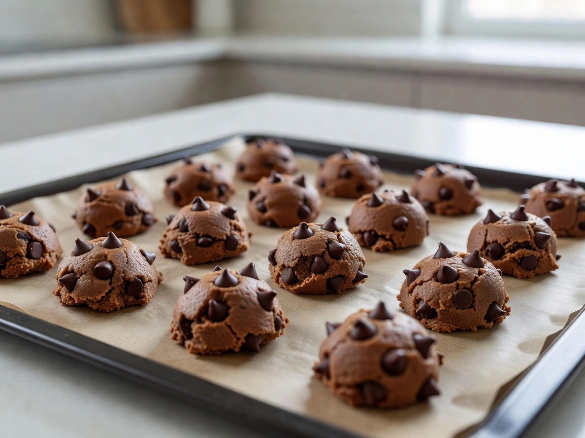 Scooped chocolate chip cookie dough portions on parchment paper