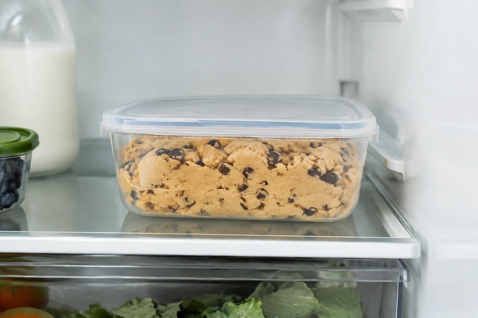 Container of cookie dough resting in the refrigerator