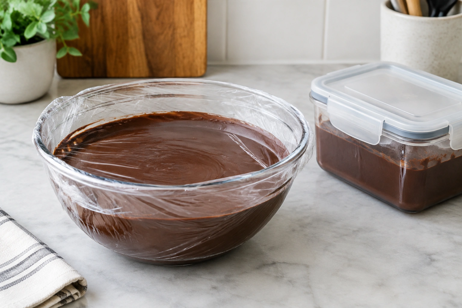 Bowl of chocolate ganache covered for storage