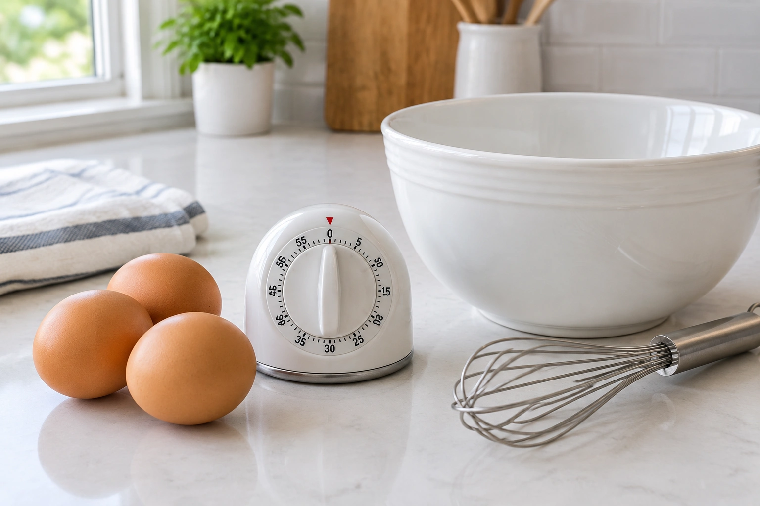 Three eggs beside a timer and bowl on a kitchen counter