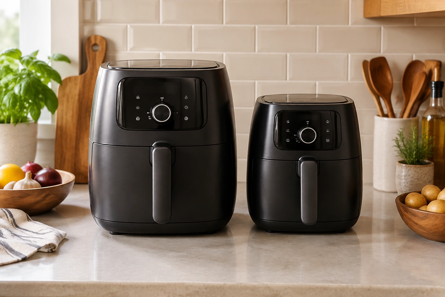 Person comparing two air fryer sizes in a kitchen