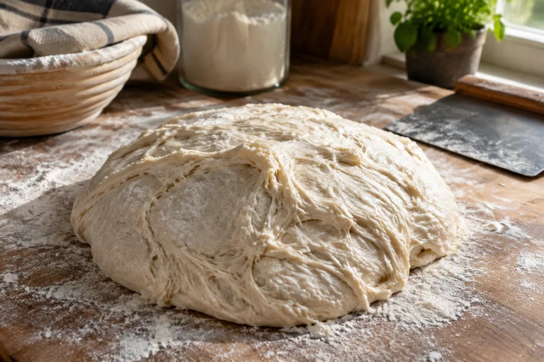 Sticky ciabatta dough on a floured work surface