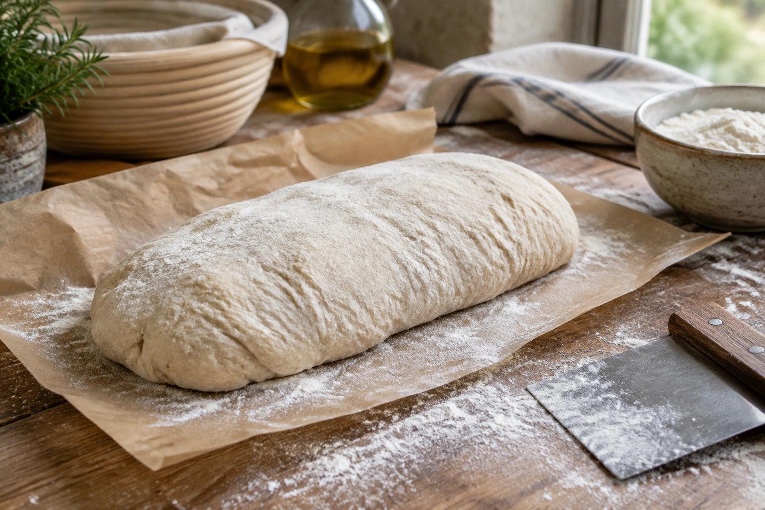 Ciabatta dough shaped on parchment for proofing
