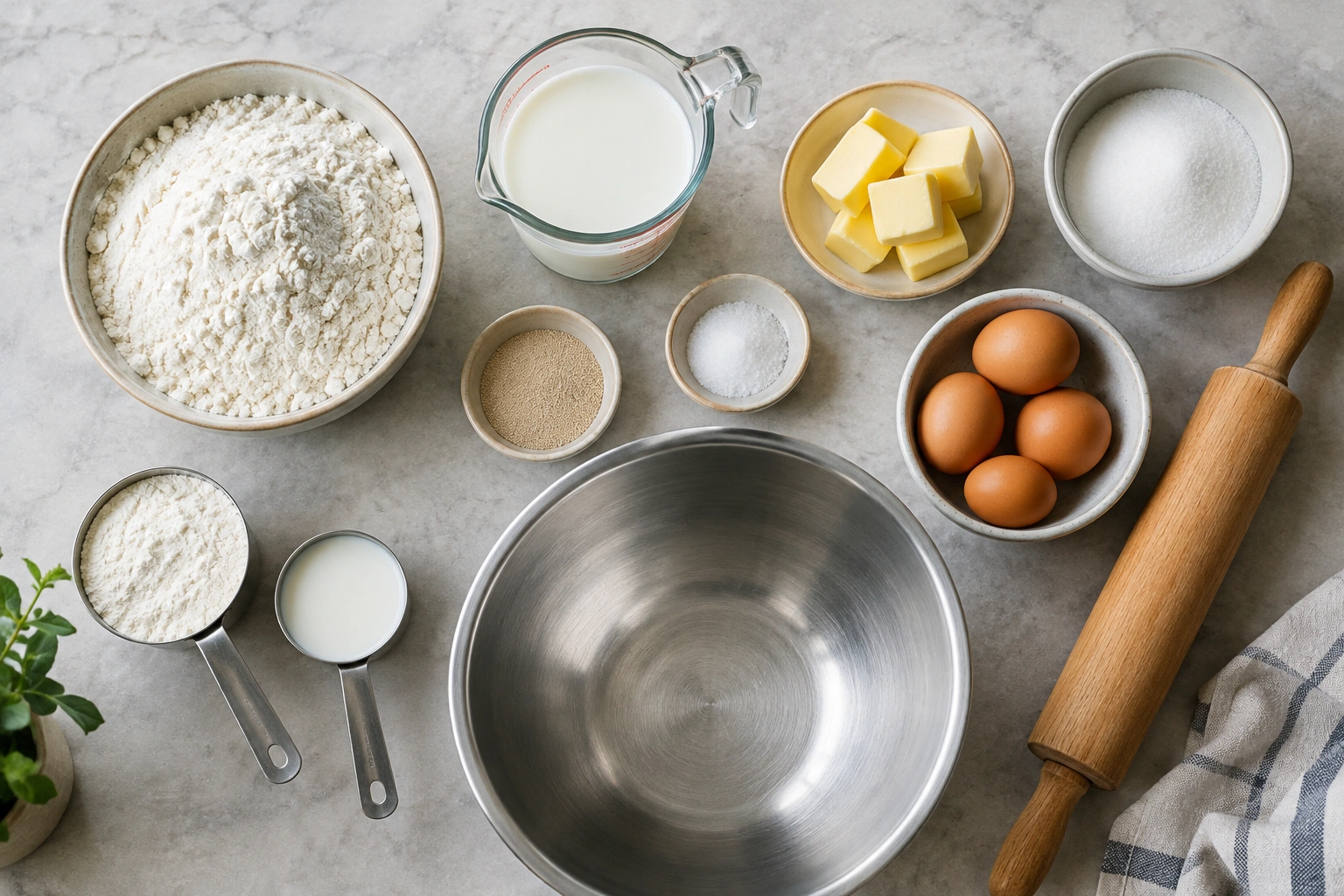 Baking ingredients and tools arranged for cinnamon roll dough